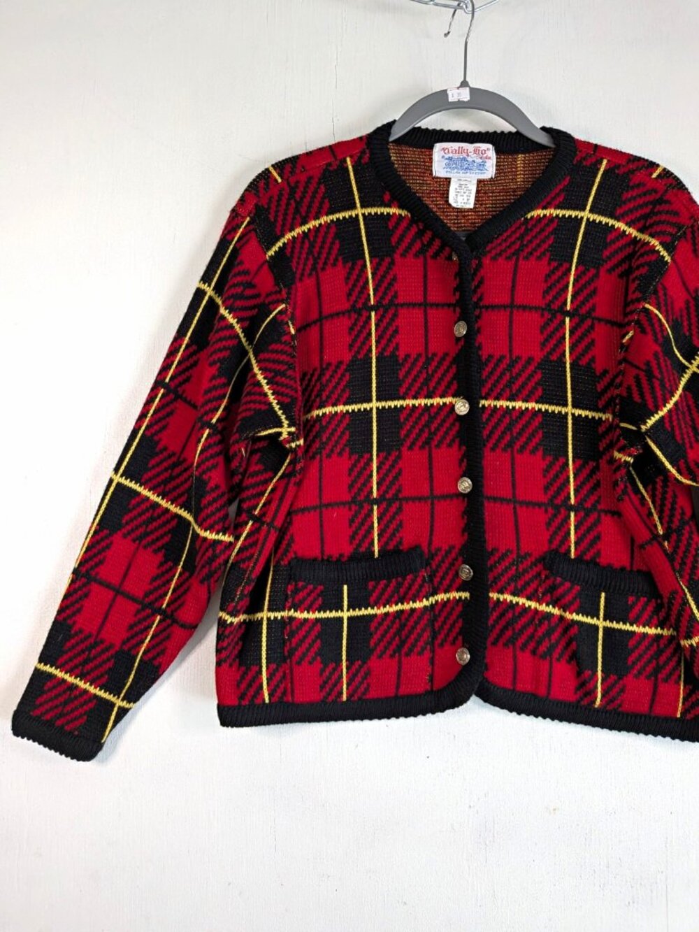 Vintage Tally-Ho Cardigan Sweater Women M Red Black Yellow Plaid V-Neck Button